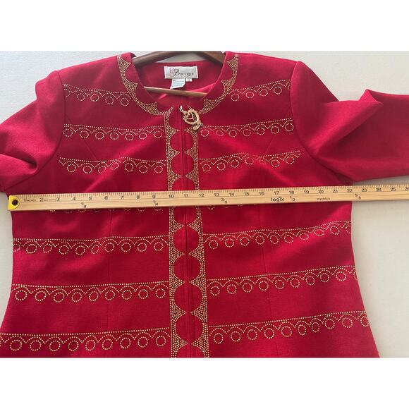 EY Boutique Jacket and Pencil Skirt Set Women's Size 16 Red Embellished Full Zip - Picture 7 of 13